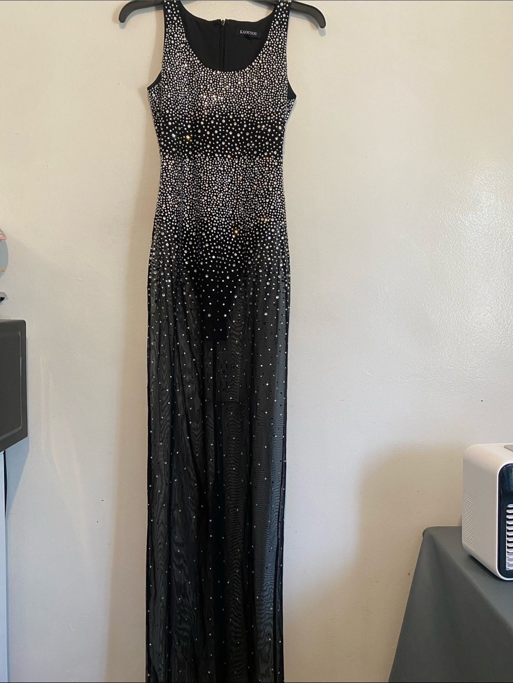 Kardashian Kollection Black Mesh Maxi Dress with Silver Embellishments
